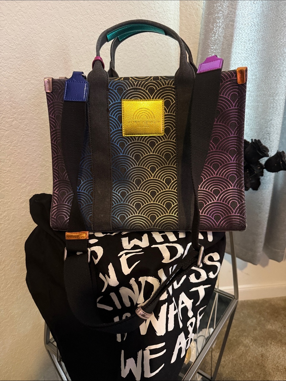 Kurt Geiger Multicolor Wave-Print Tote with Black Straps
